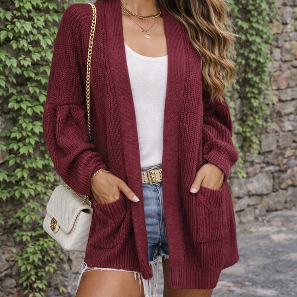 Knitted & Knotted Sweaters - KNITTED & KNOTTED Cranberry Ribbed Open Cardigan, S